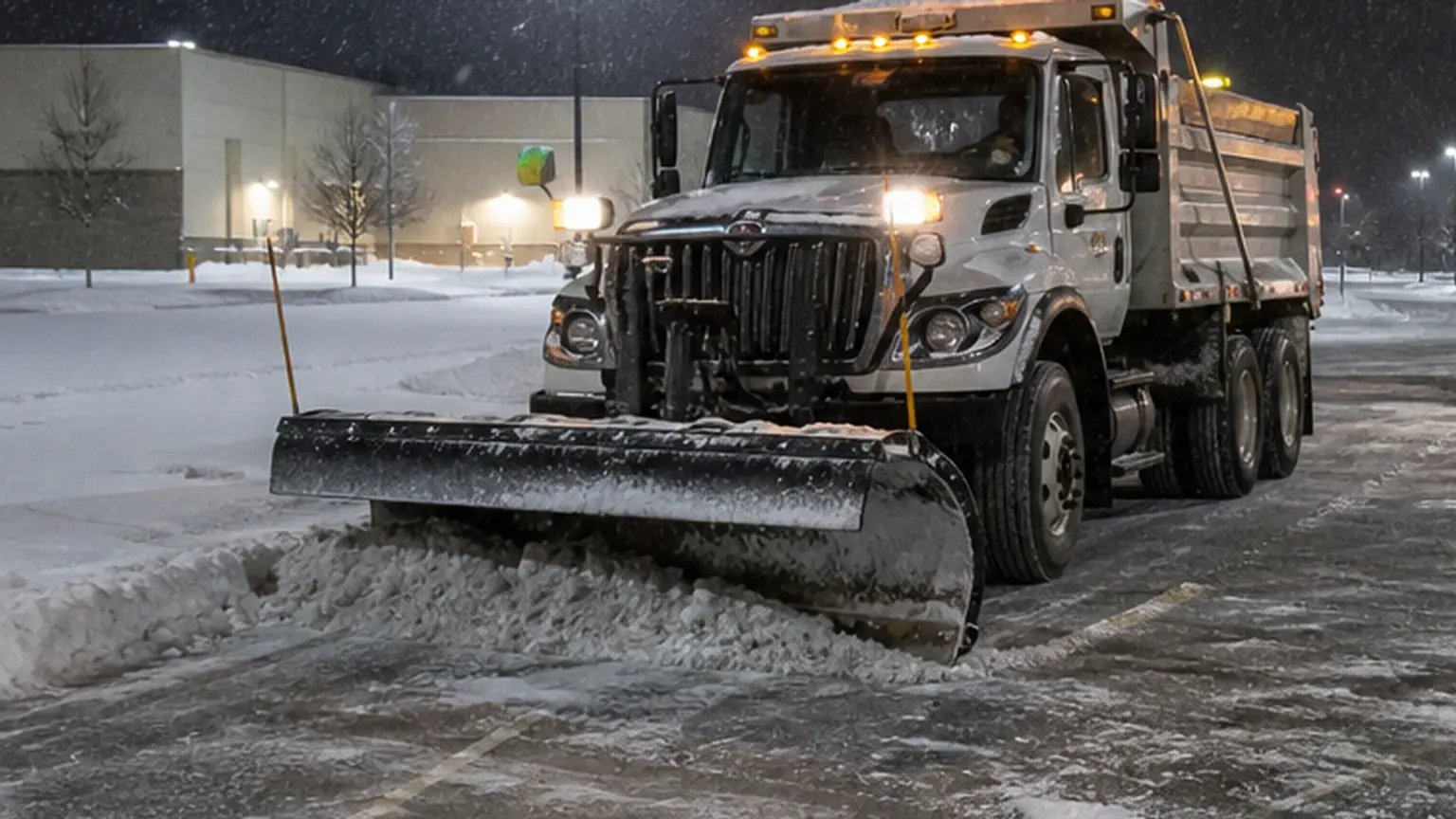 Commercial snow removal crew clearing a large lot during a night storm.