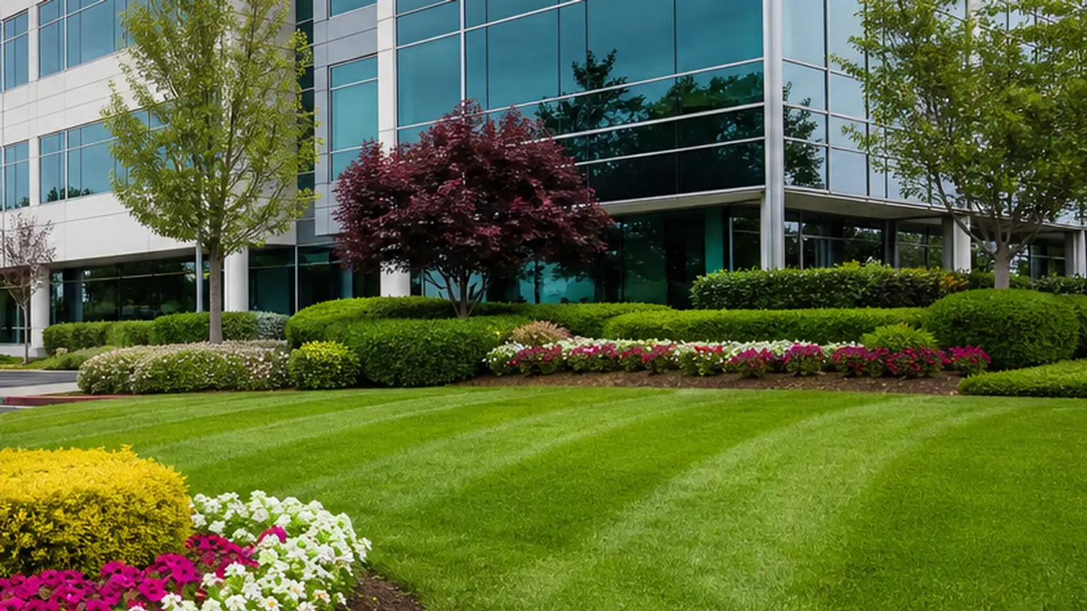 Immaculately maintained grounds at a corporate office park.