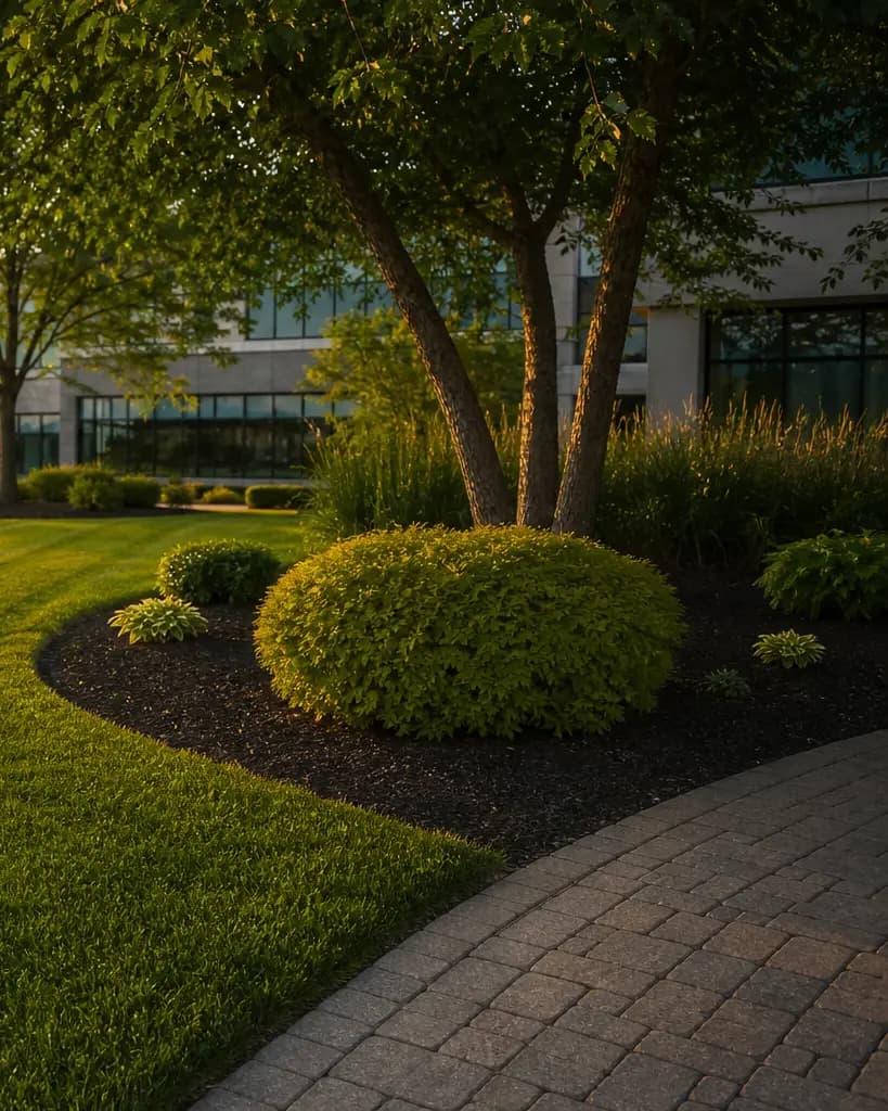Professionally maintained commercial grounds with a paver walkway at golden hour.