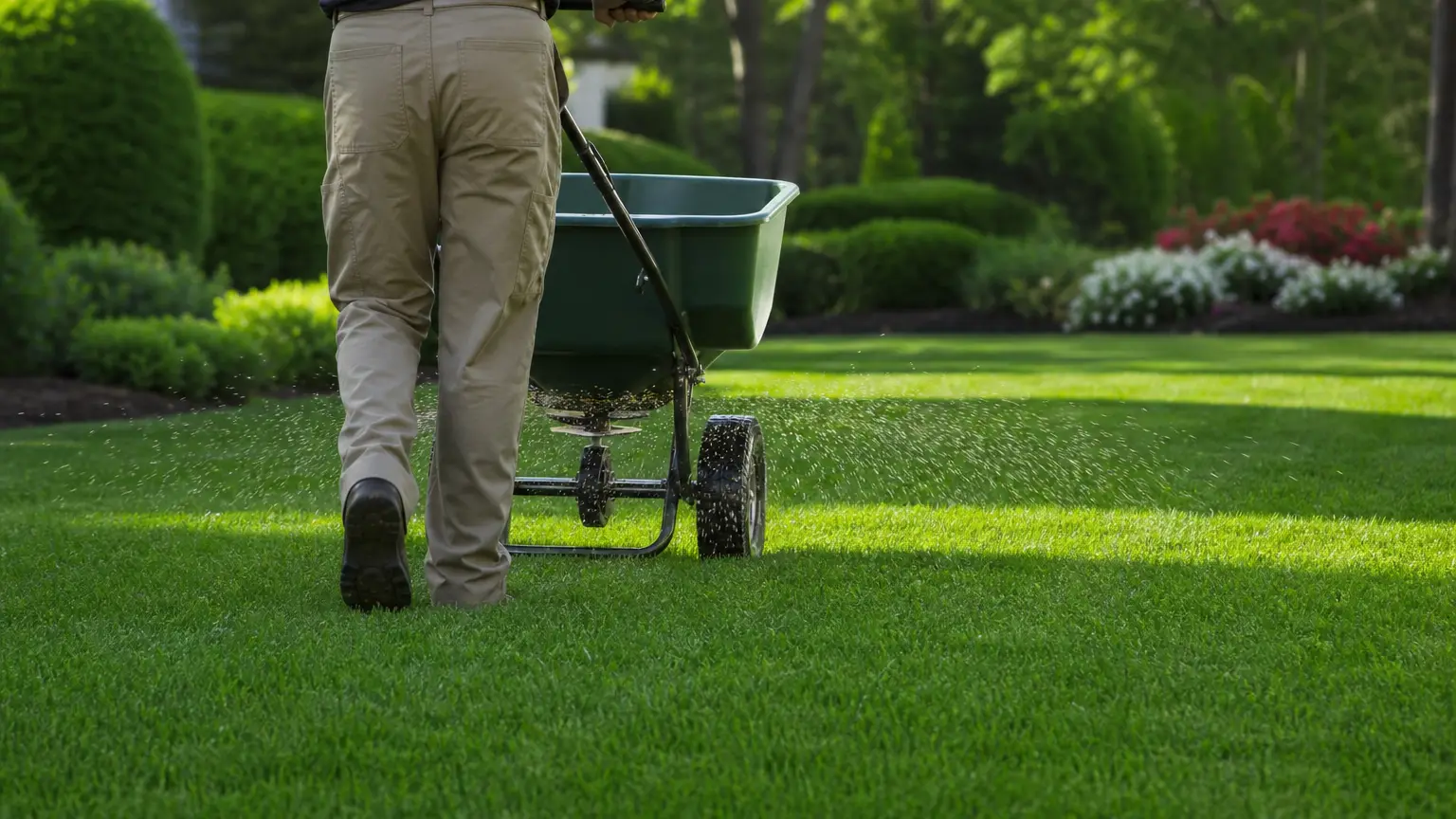 Broadcast spreader applying fertilizer to a healthy lawn.