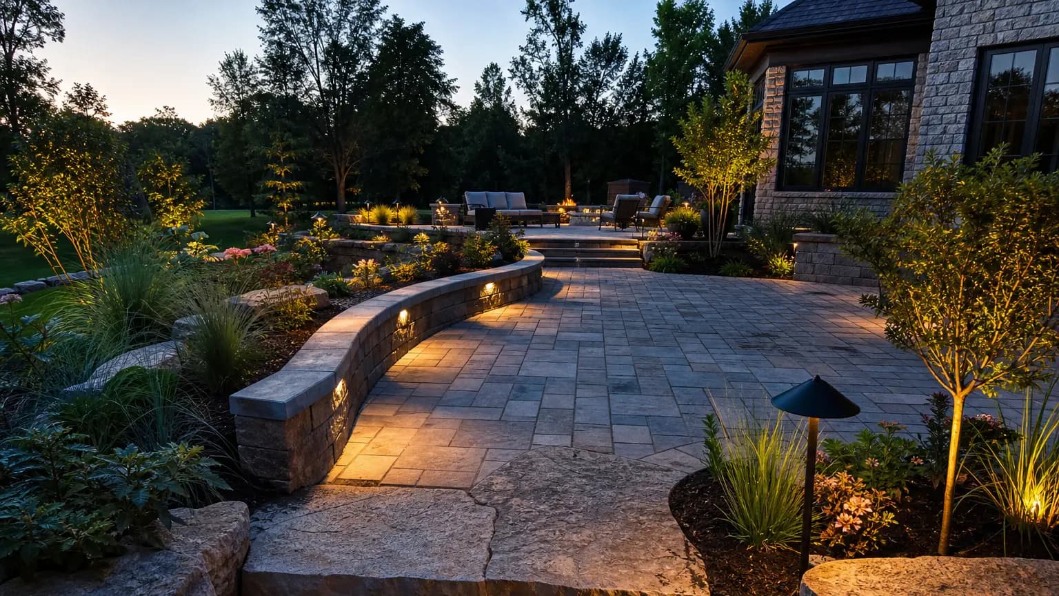 Paver patio and retaining wall hardscape installation.